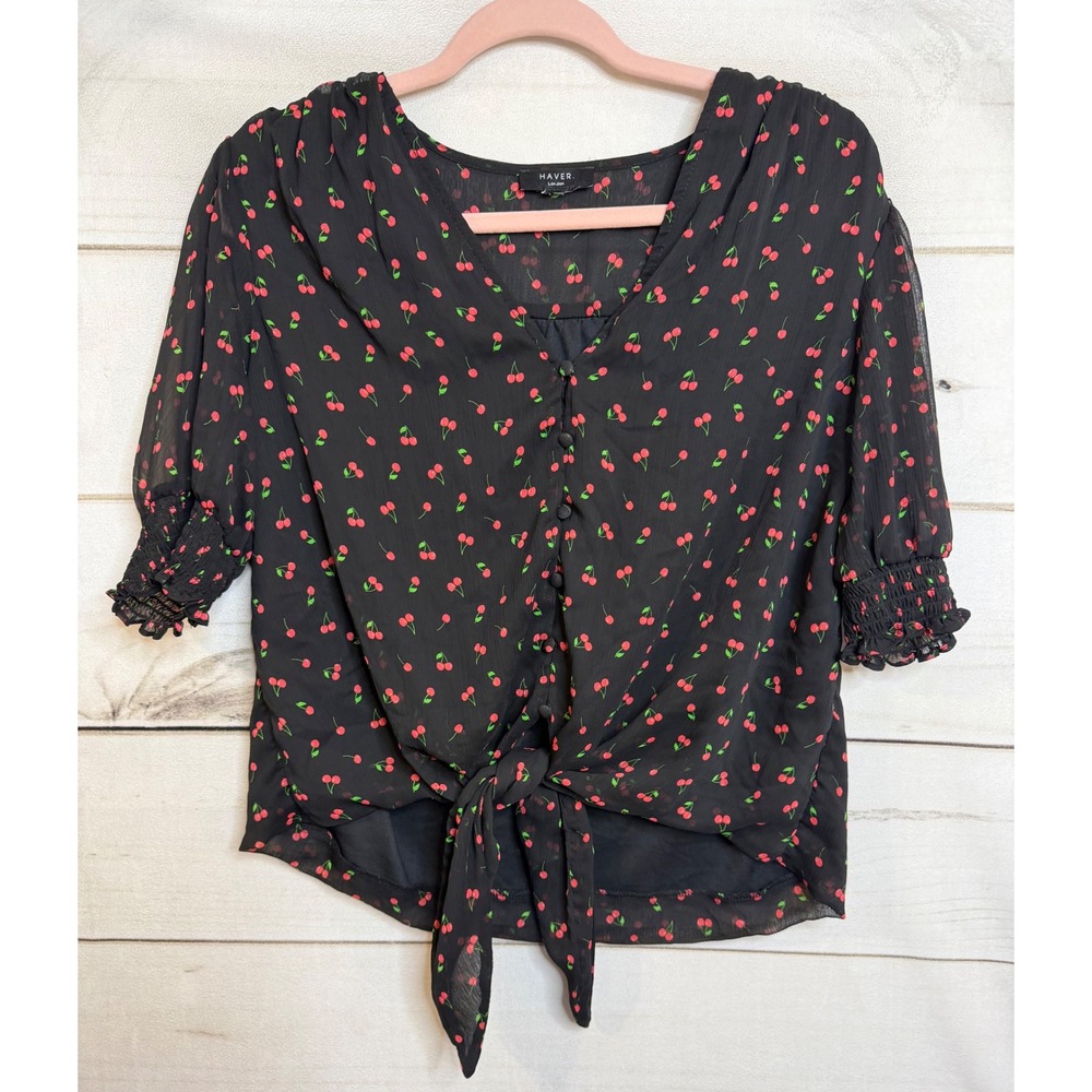 Haver London Black Cherry Print Tie Front Button Blouse Smocked Puff Sleeve Top